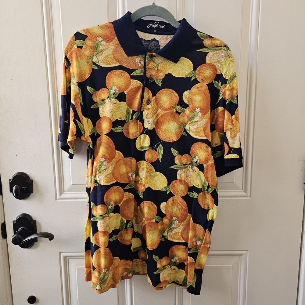 NWOT Jack Spicklaus Mens Polo Golf Shirt with Orange Print, 100% Cotton One Size